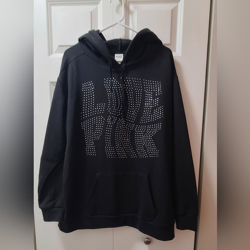 PINK Victoria's Secret Black Hoodie with Rinestone Bling - Size Large- EUC